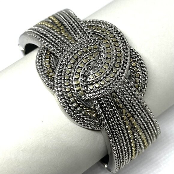 Knot Braided Clamper Bangle Bracelet Silver Tone & Gold Accent Filigree Jewelry - Picture 2 of 7